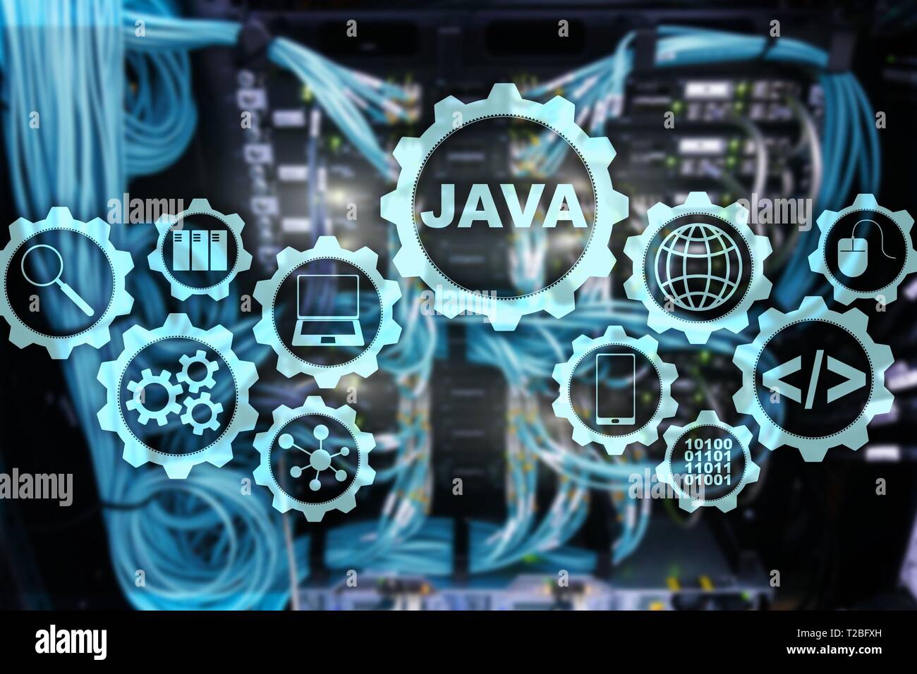 Java Programming concept. Virtual machine. On server room background