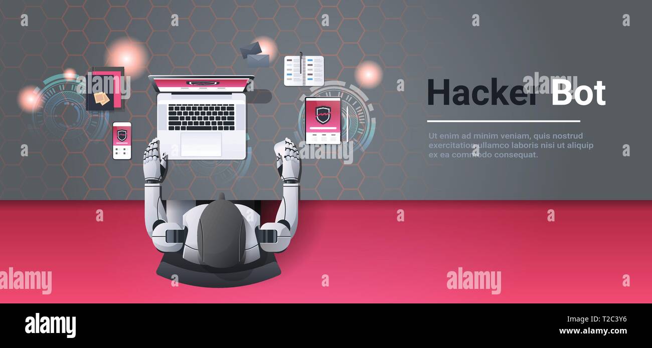 robot hacking digital devices computer hacker bot concept data privacy