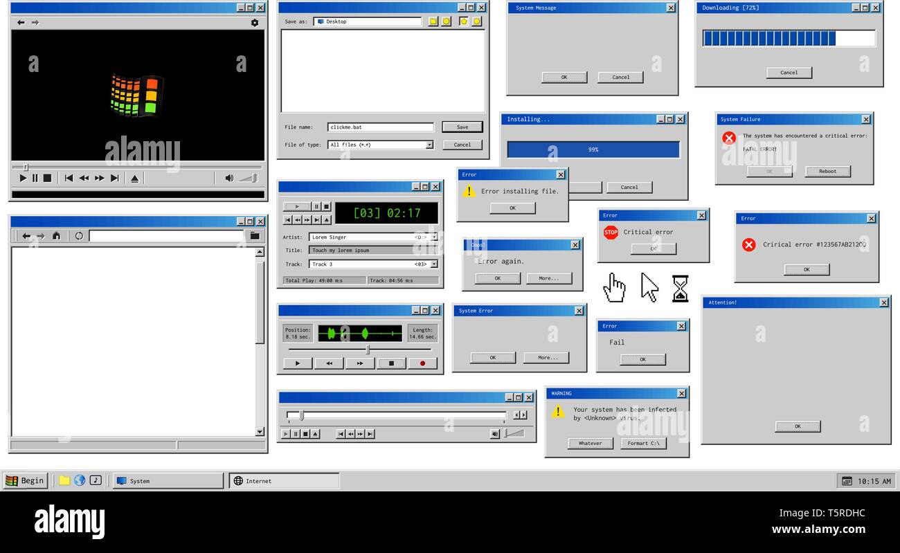 Old user interface. Retro browser windows and error message popup