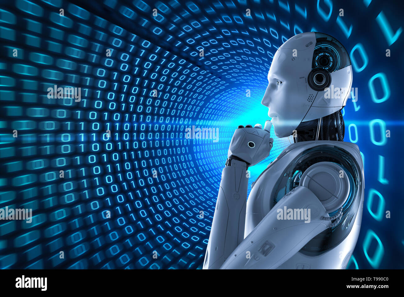 3d rendering artificial intelligence robot with binary tunnel
