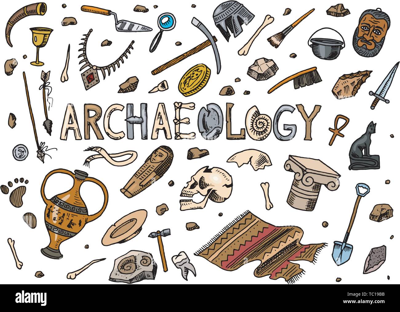 Set of archeology tools, science equipment, artifacts. Excavated