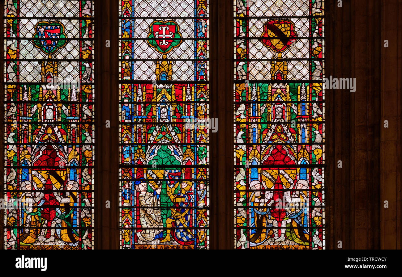 Triptych stained glass window at York minster cathedral, England Stock
