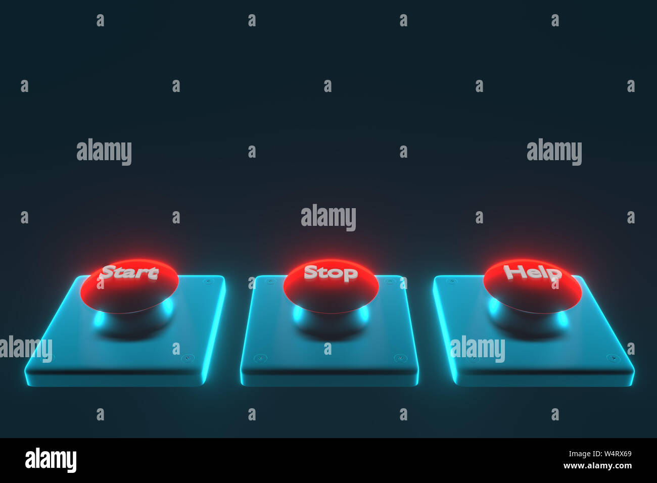 3D rendering. Red web buttons with start, stop, help. Buttons on blue