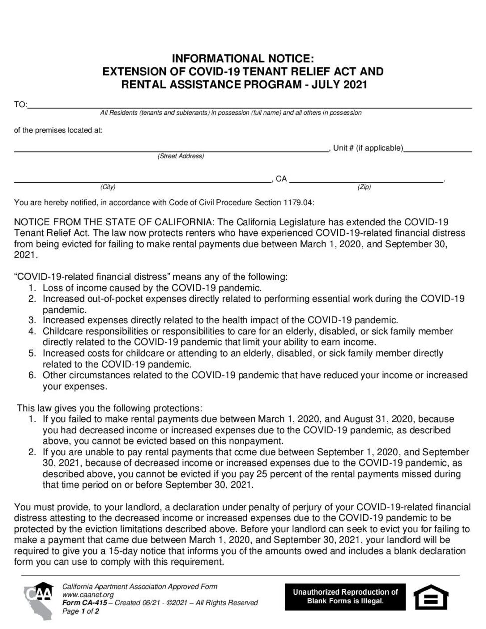 Informational Notice Extension of COVID19 Tenant Relief Act and