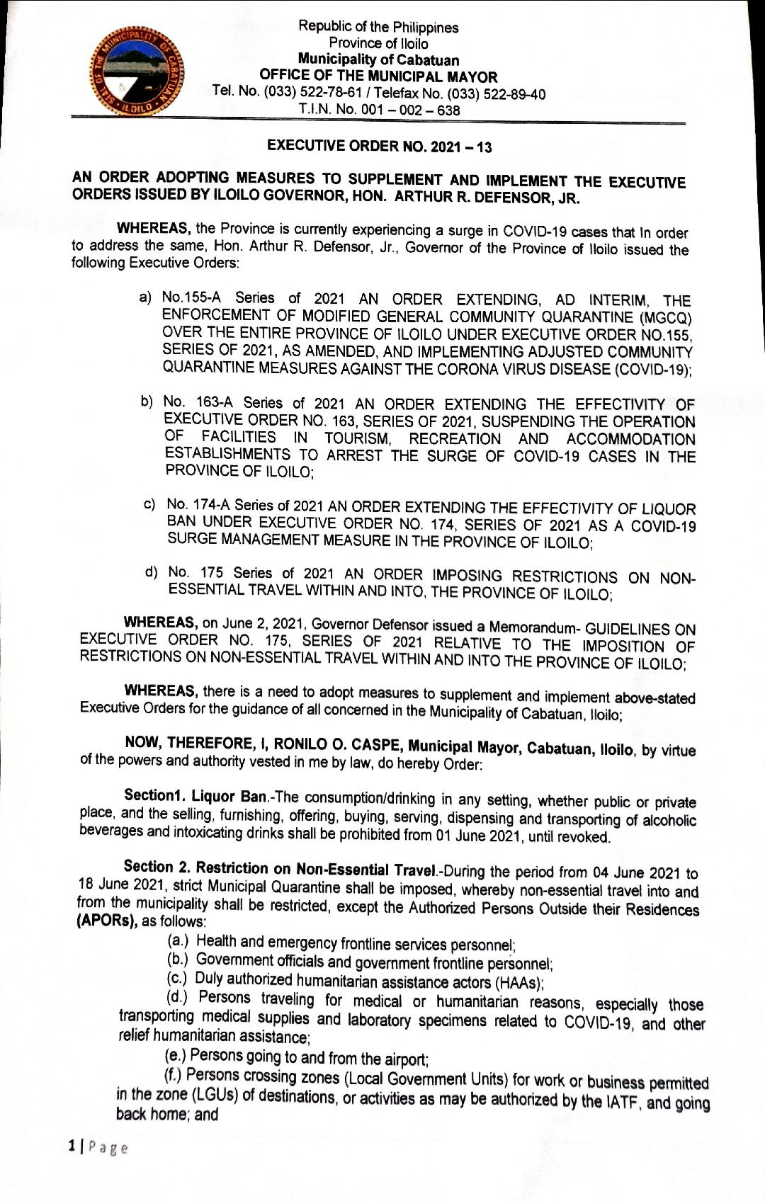 EXECUTIVE ORDER NO. 202113 AN ORDER ADOPTING MEASURES TO SUPPLEMENT