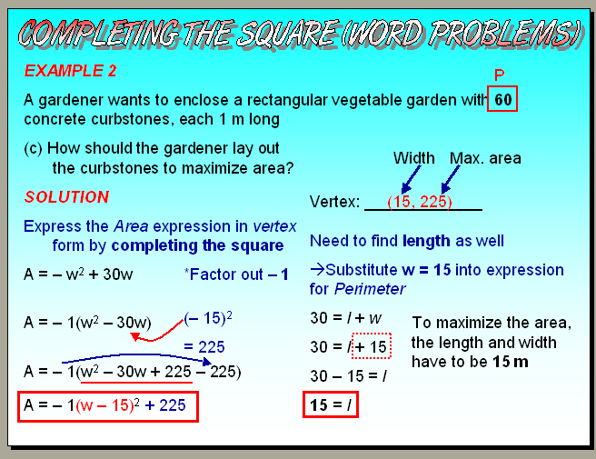 Chapter 4.6 (Part 2) Completing the Square (Word Problems)