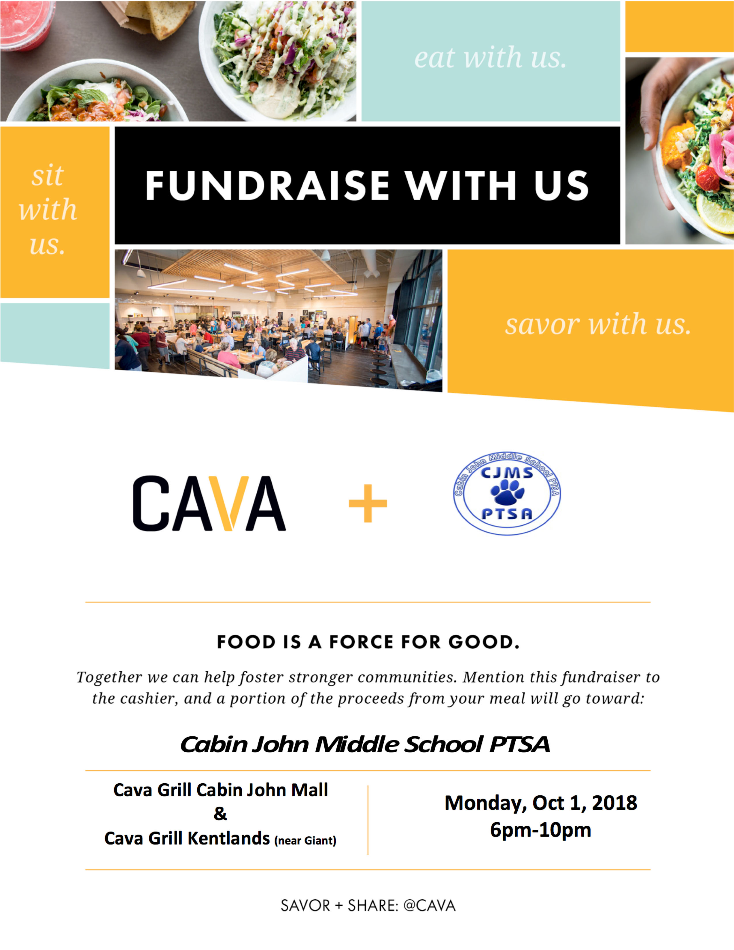 Join your Friends at Cava for the First CJMS Restaurant Night on MONDAY