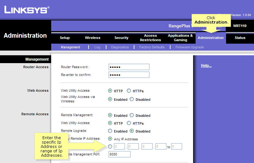 Linksys Official Support Allow Remote IP Address.