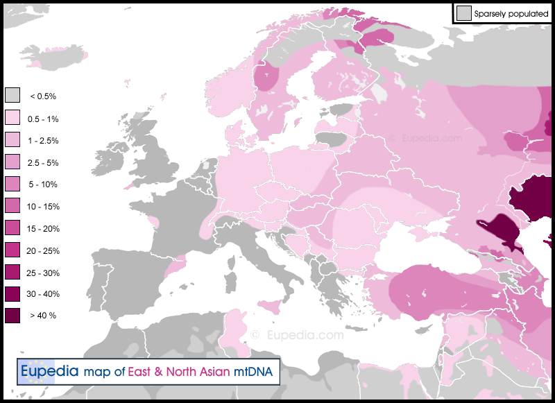 Distribution maps of mitochondrial haplogroups in Europe, the Middle