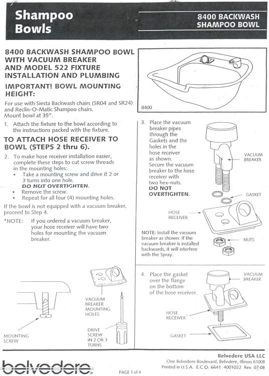 8400 Shampoo Bowl Mounting Instructions
