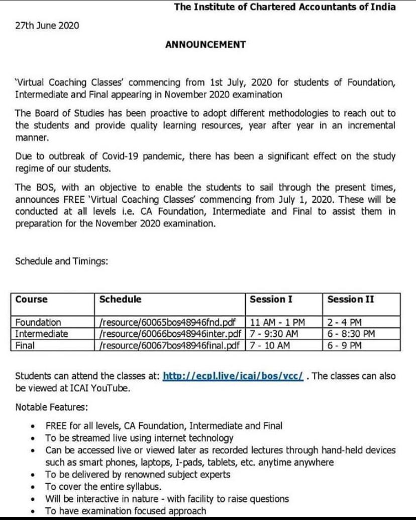 ICAI Virtual Coaching Classes from 1st July 2020 CA Cult
