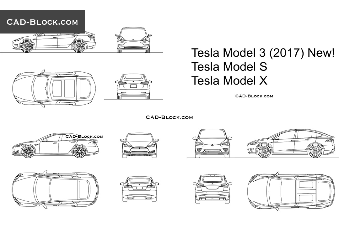 Tesla Model 3, Model S, Model X CAD blocks, AutoCAD drawings download