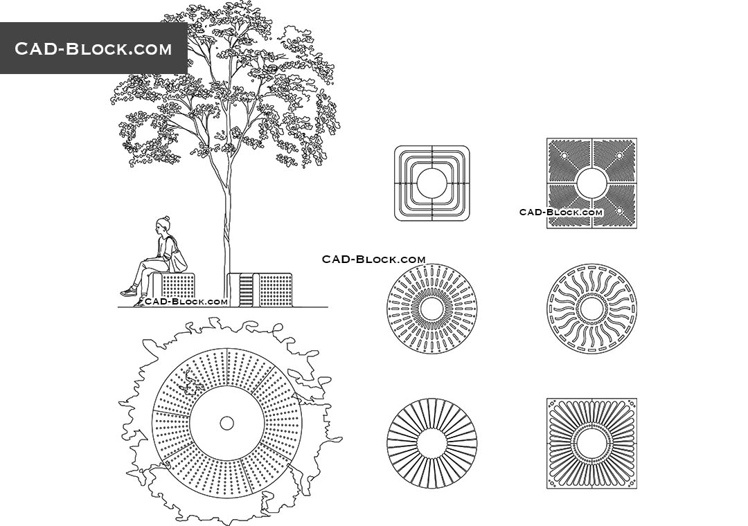 Tree Grilles CAD blocks download, free AutoCAD file, plan, elevation view
