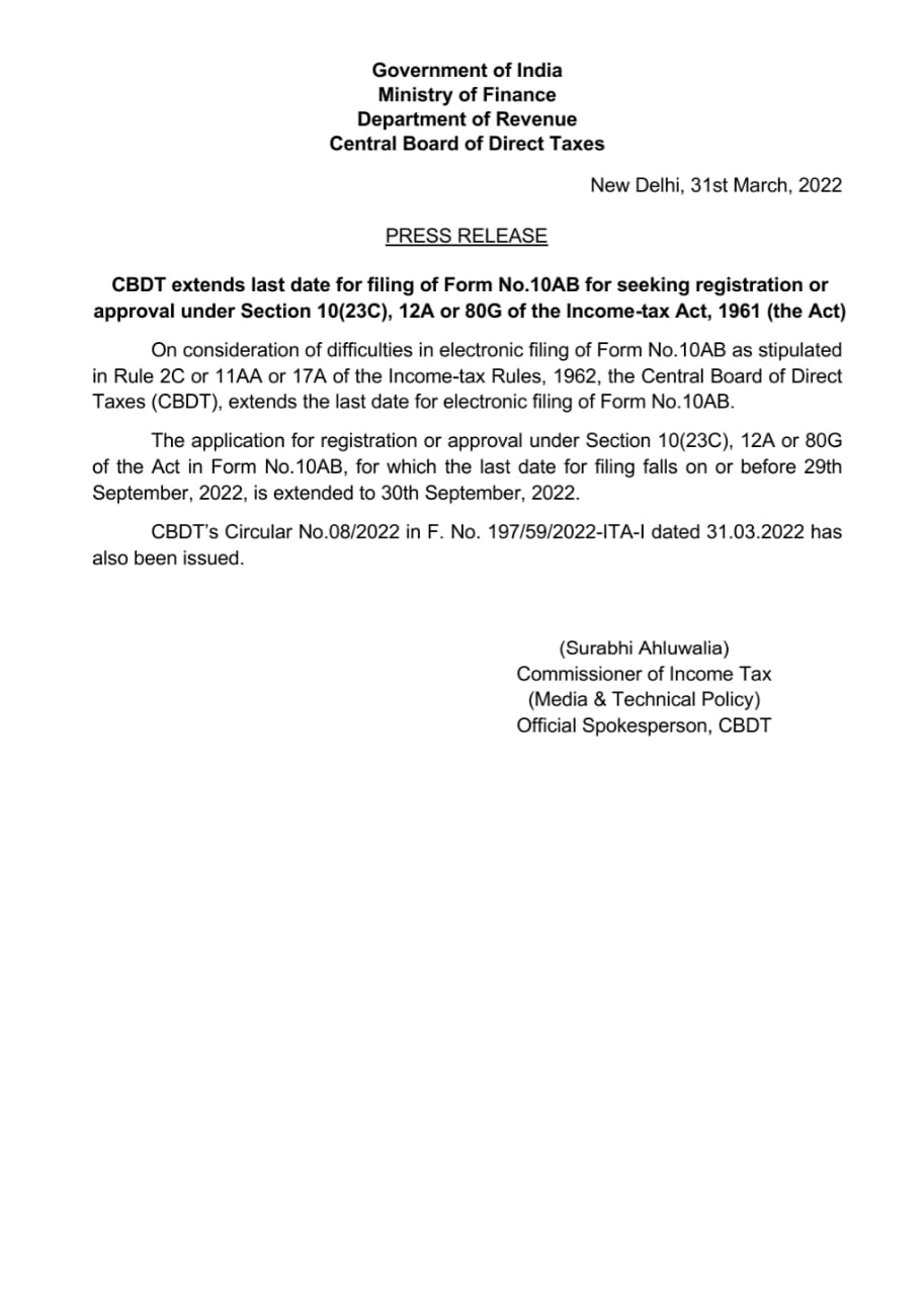 CBDT extends the last date for filing of Form No.10AB cadcjain.in