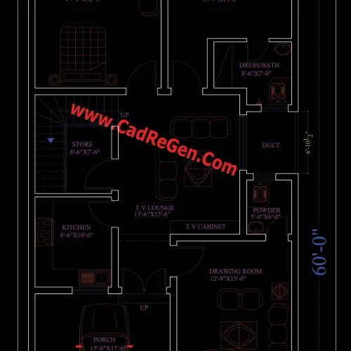 30 x 60 House Plan, 2BKH, 2 Bed Room House, 7 Marla, 6.5 Marla, 8 Marla
