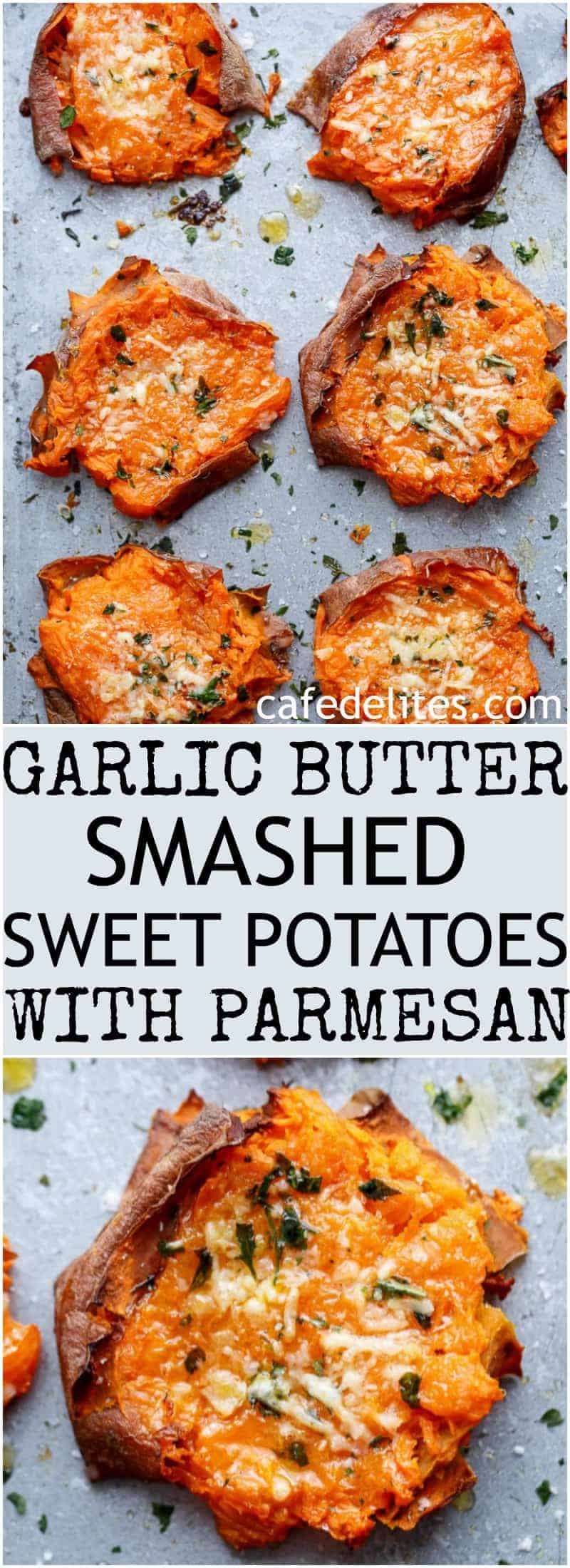 Cut the ends of the zucchini off and chop zucchini into half moons about 1/2 inch thick. Garlic Butter Smashed Sweet Potatoes With Parmesan - Cafe ...