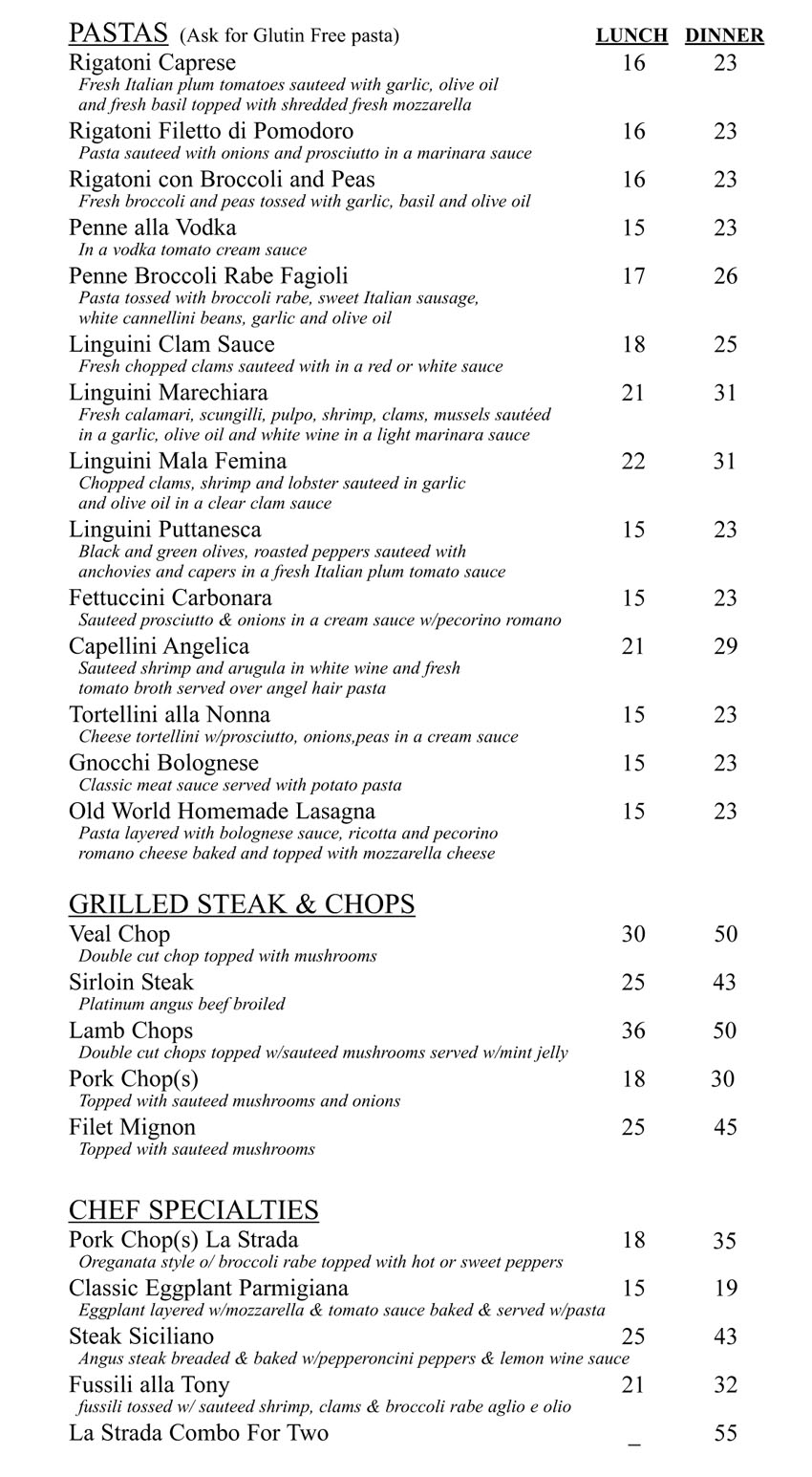 Menus La Strada Fine Italian Dining