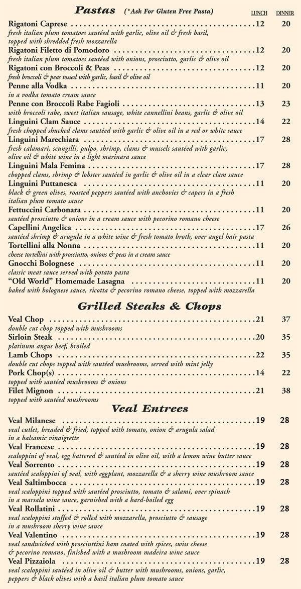 Menus La Strada Fine Italian Dining