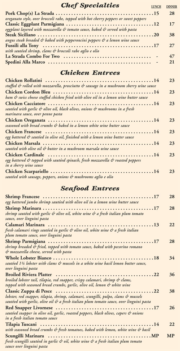 Menus La Strada Fine Italian Dining
