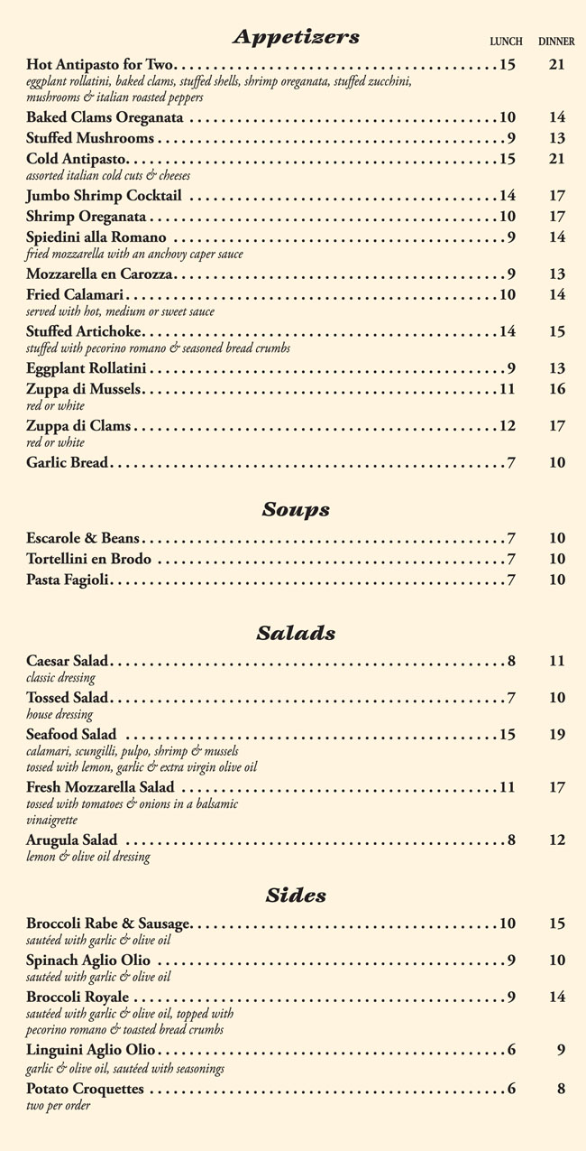 Menus La Strada Fine Italian Dining