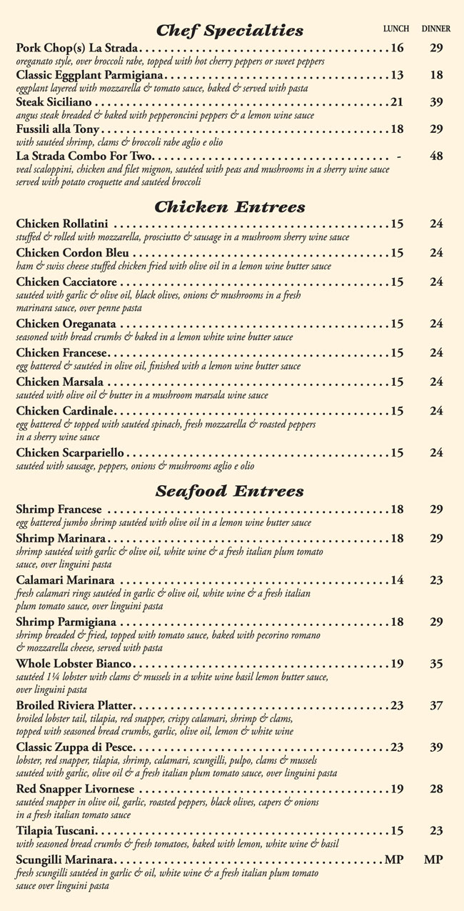 Menus La Strada Fine Italian Dining