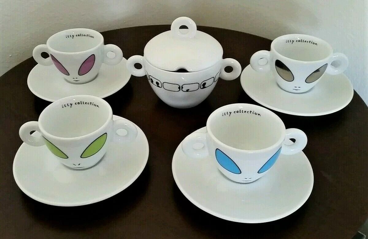 ILLY ART COLLECTION DAVID BYRNE ‘ALIEN’ 2001 ESPRESSO CUP & SUGAR BOWL