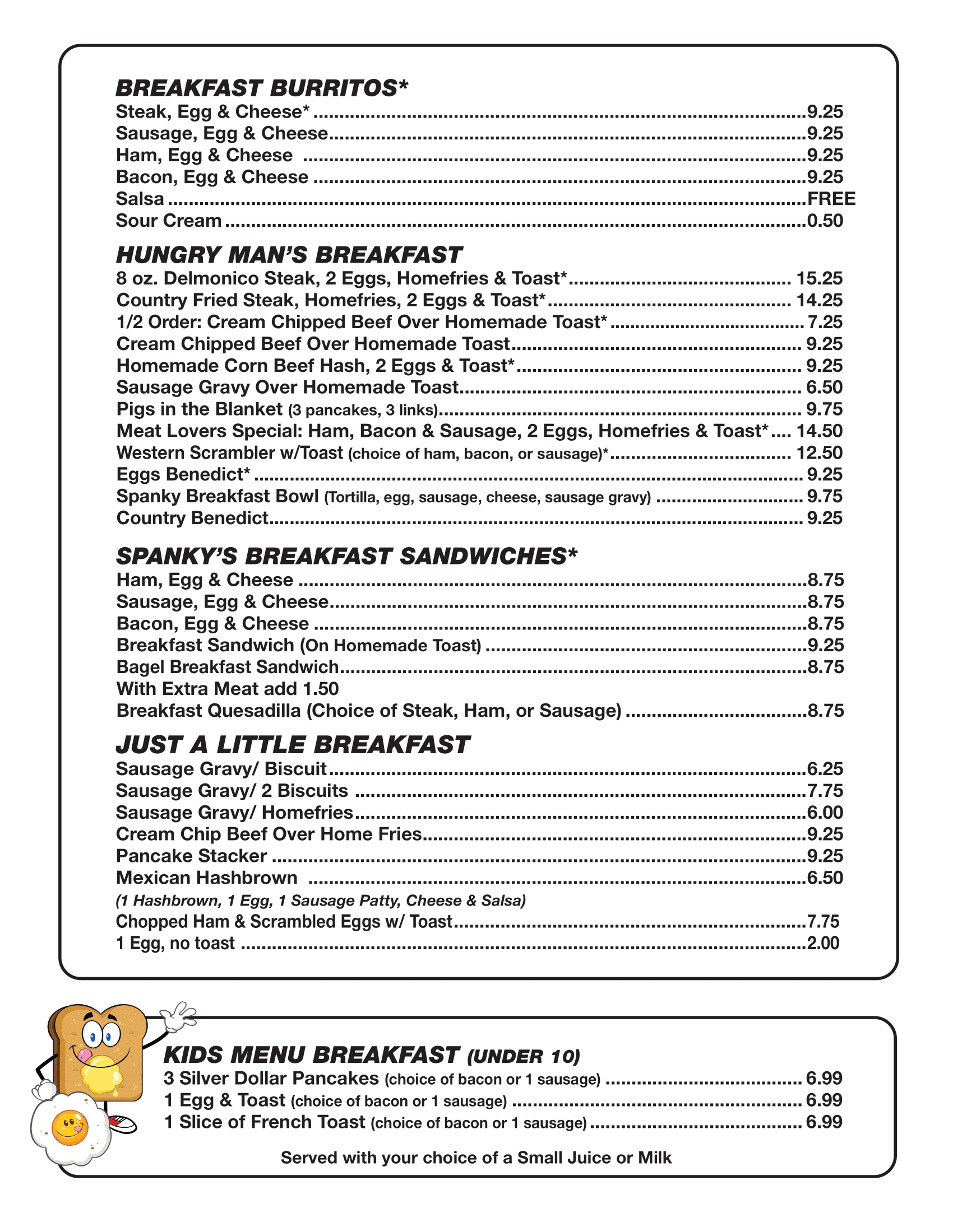 Spanky's Menu