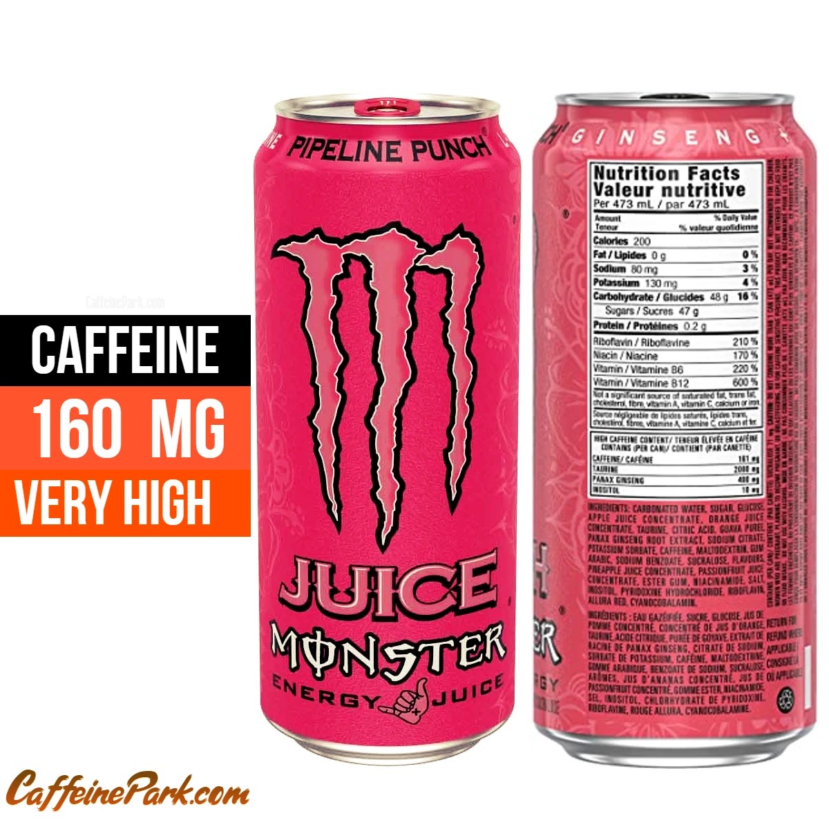 Monster Pipeline Punch Caffeine Content How much is in a can?