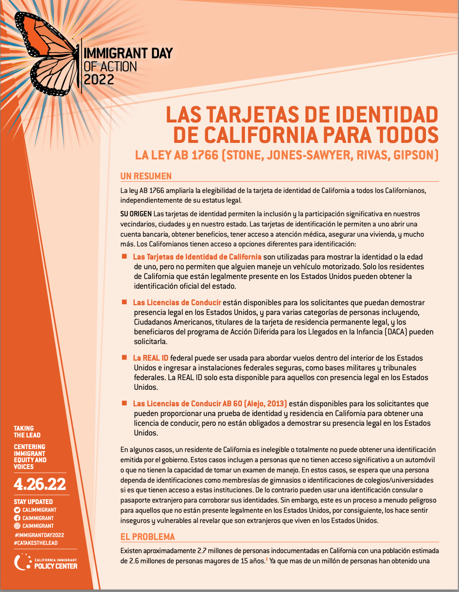AB 1766 CA IDs for All Fact Sheet Spanish California Immigrant