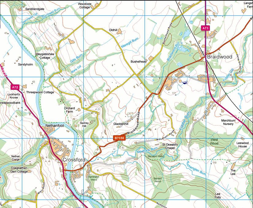 Photographs and map of a circular walk from Crossford to Braidwood in