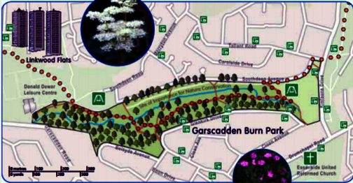 Photographs and map of a circular walk around the Drumchapel Way from