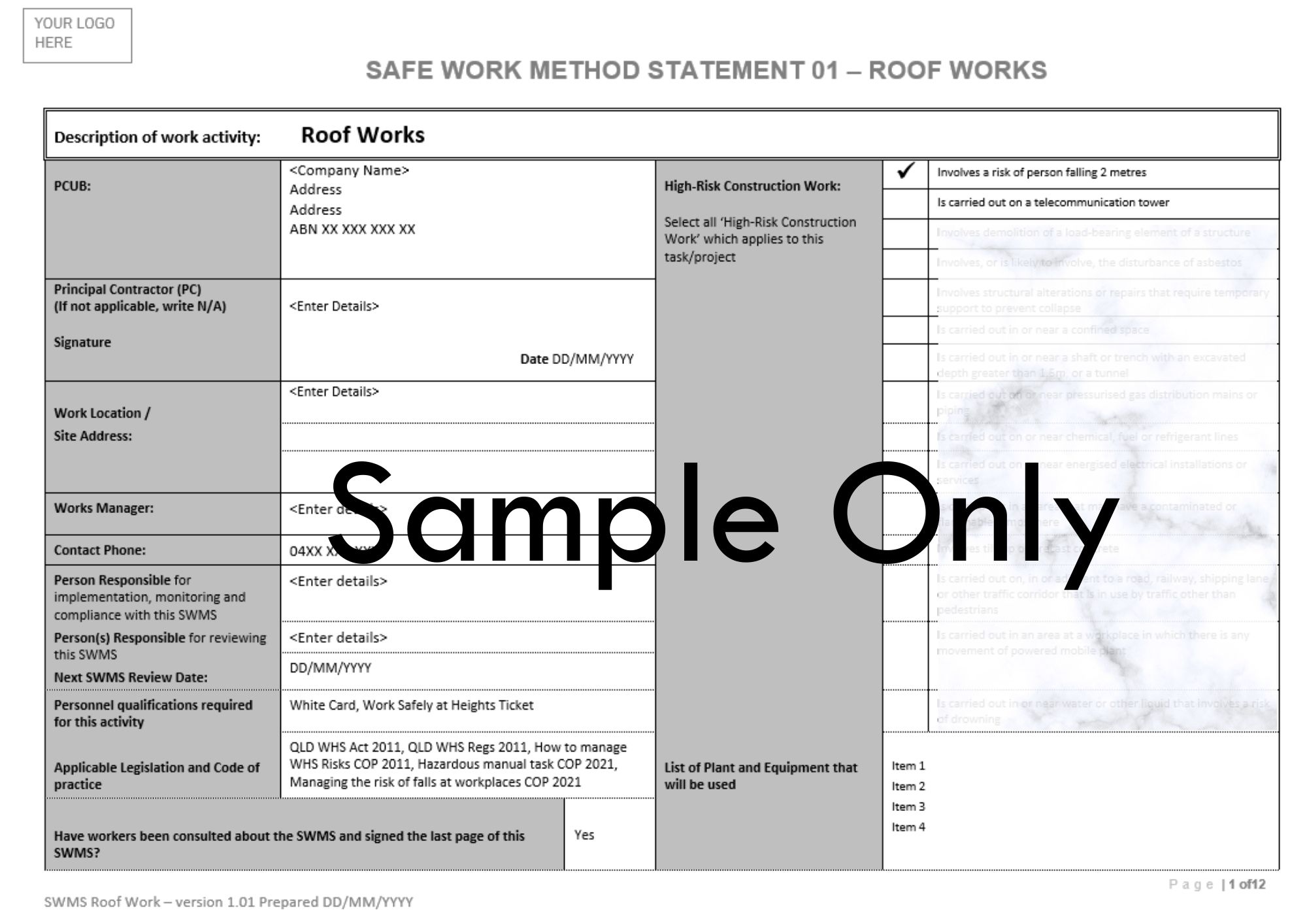 SWMS Roofing Works Document Cairns HR Services