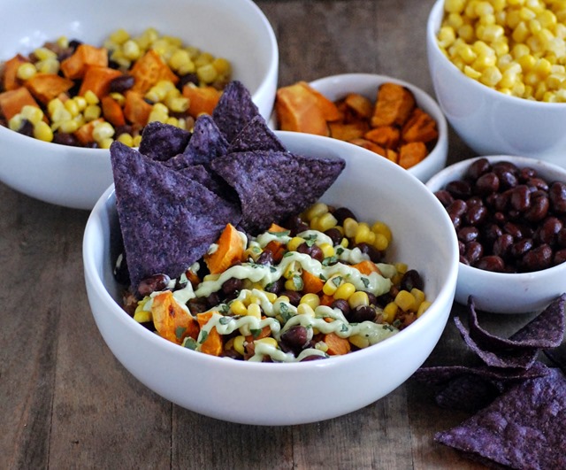 black bean, corn, sweet potato & farro bowl (with creamy avocado yogurt