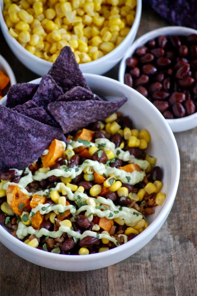 black bean, corn, sweet potato & farro bowl (with creamy avocado yogurt