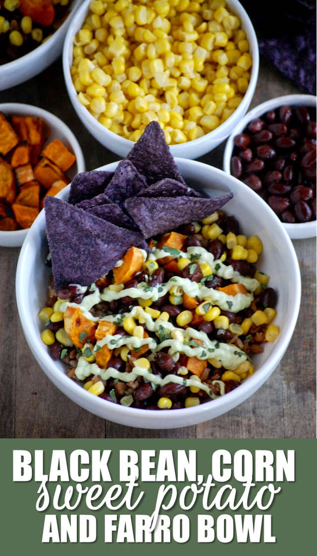 black bean, corn, sweet potato & farro bowl (with creamy avocado yogurt