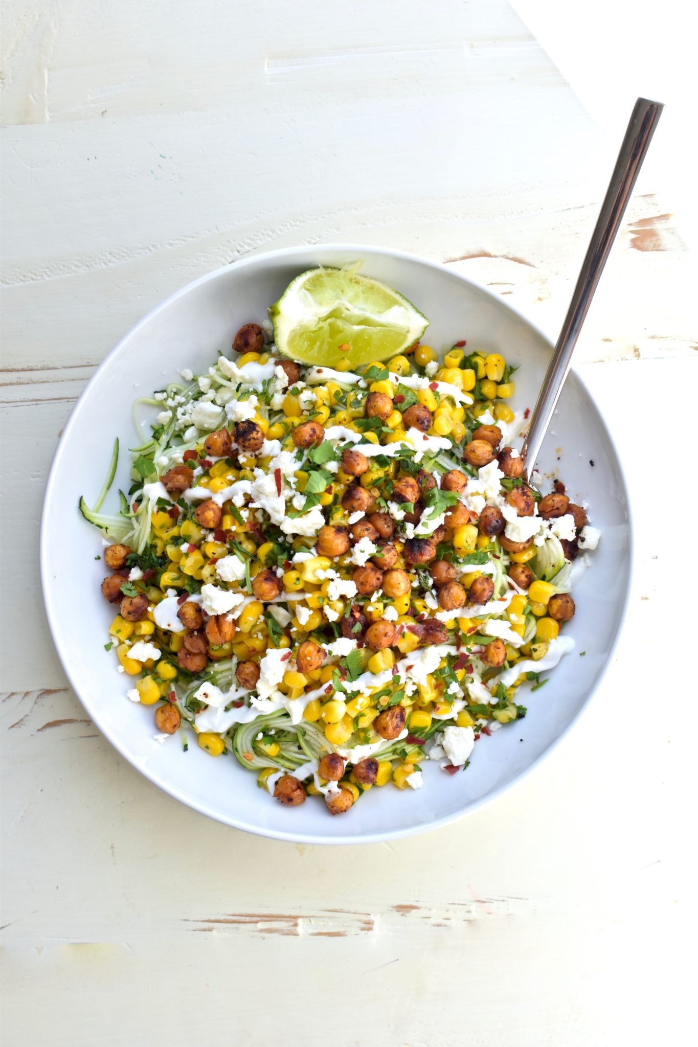 mexican corn zucchini noodles with chililime roasted chickpeas cait