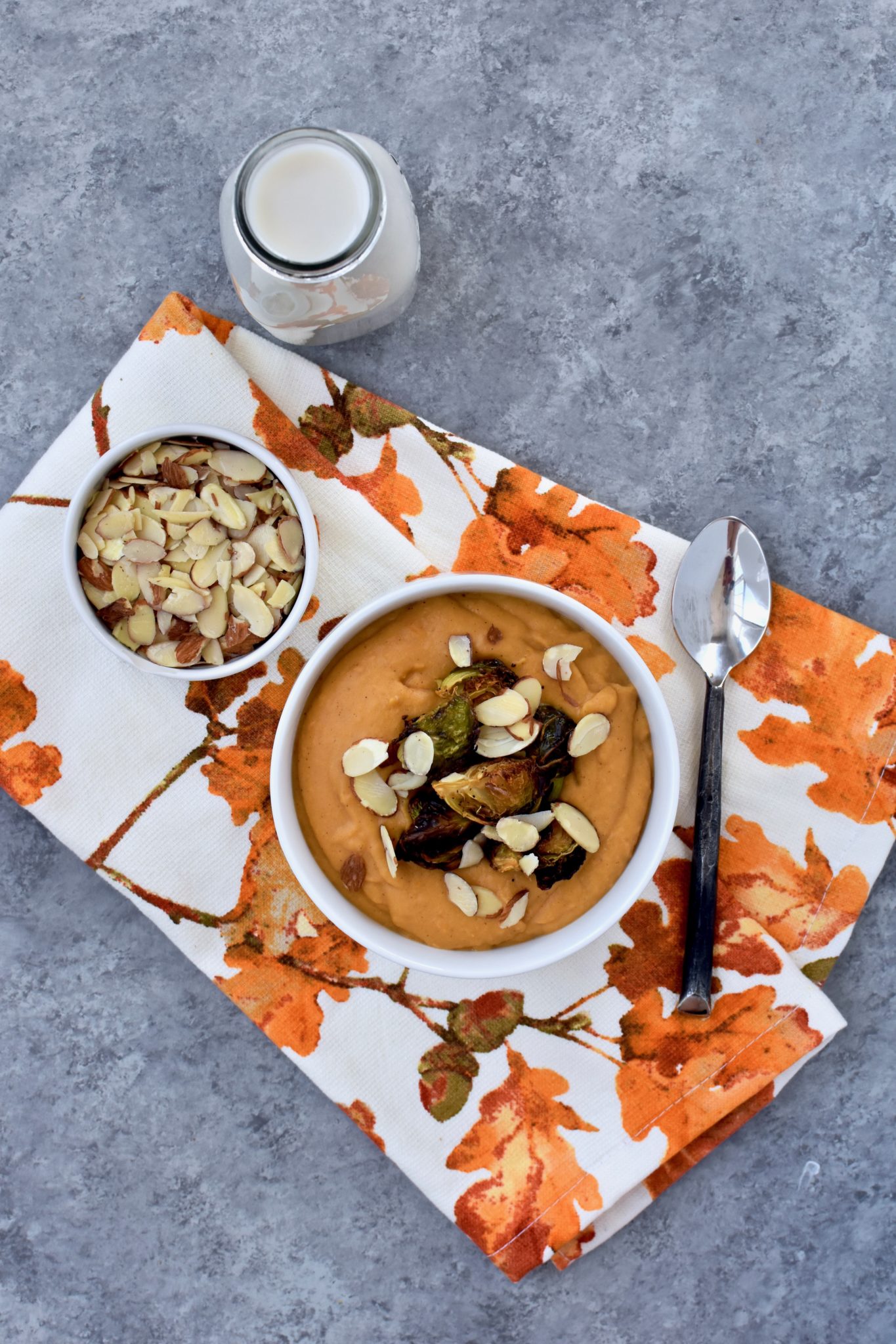 creamy sweet potato soup with roasted parmesan brussel sprouts and