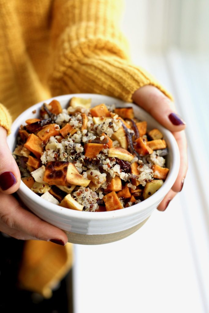 tricolor quinoa & roasted root vegetable salad with apple cider