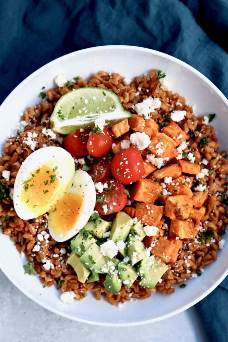 farro, sweet potato & avocado bowl with soft boiled egg cait's plate