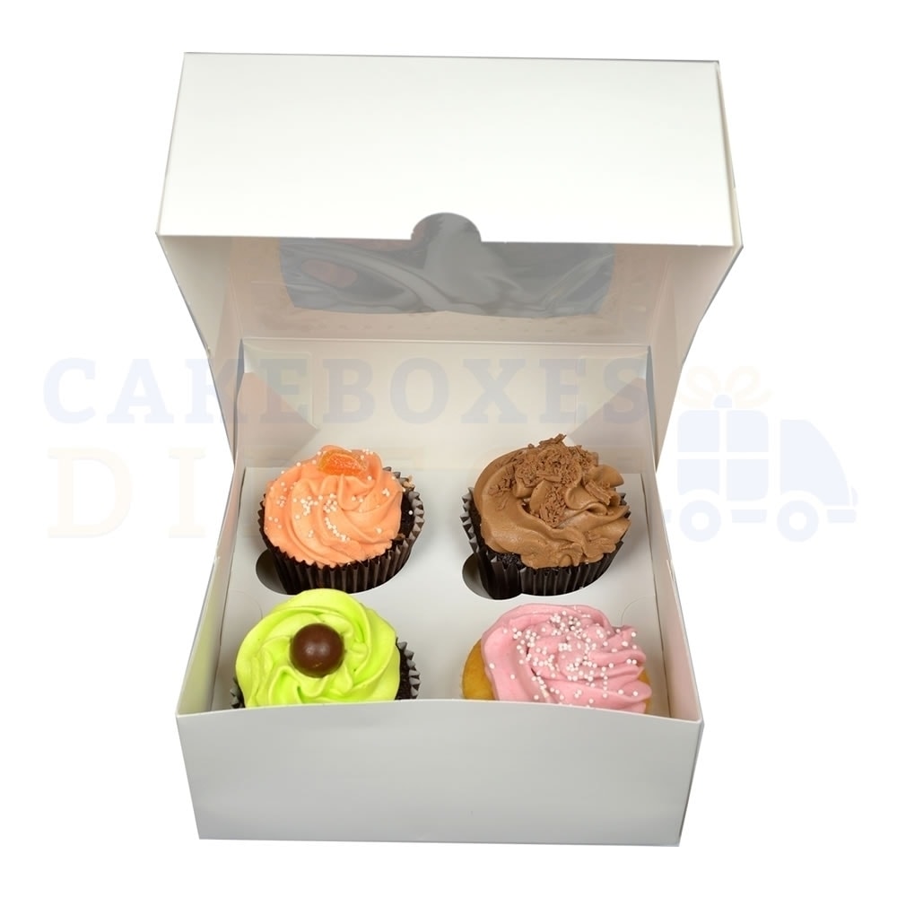 4 Premium White Cupcake Window Box with 6cm Dividers Cake Boxes