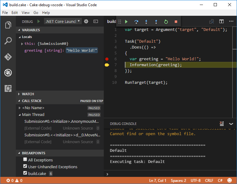 Cake How to debug a Cake file using Visual Studio Code