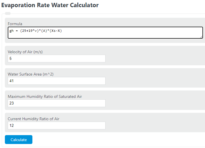 Evaporation Rate (Water) Calculator Calculator Academy