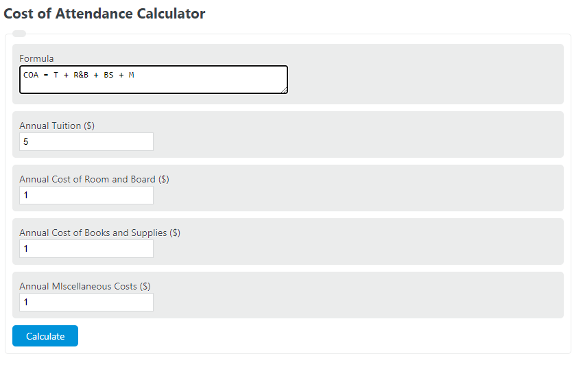 Cost of Attendance Calculator Calculator Academy