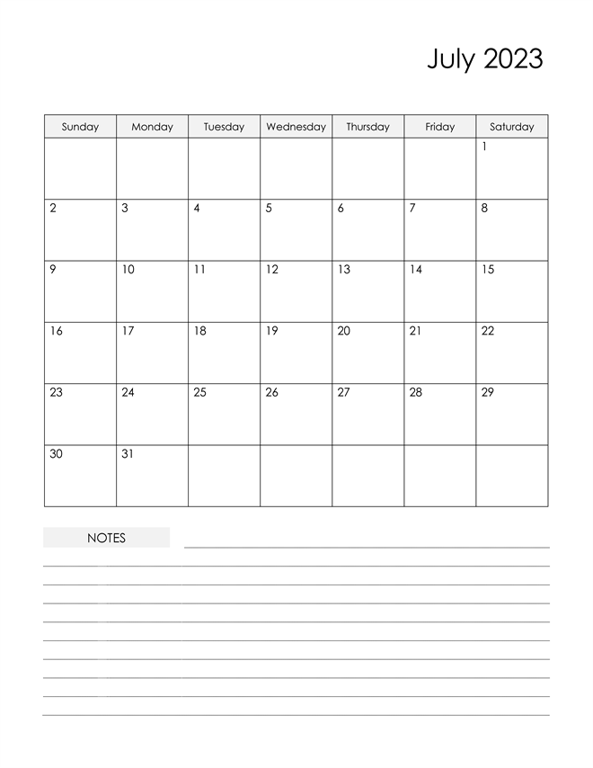 😊 Blank Free Printable July 2023 Calendar Template 😊 [PDF]