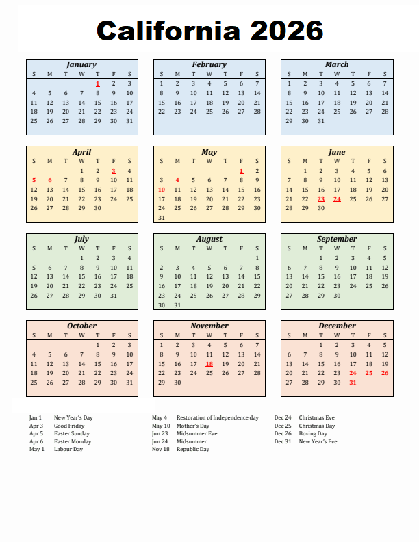 Free California 2026 Calendar Printable with Holidays [PDF]
