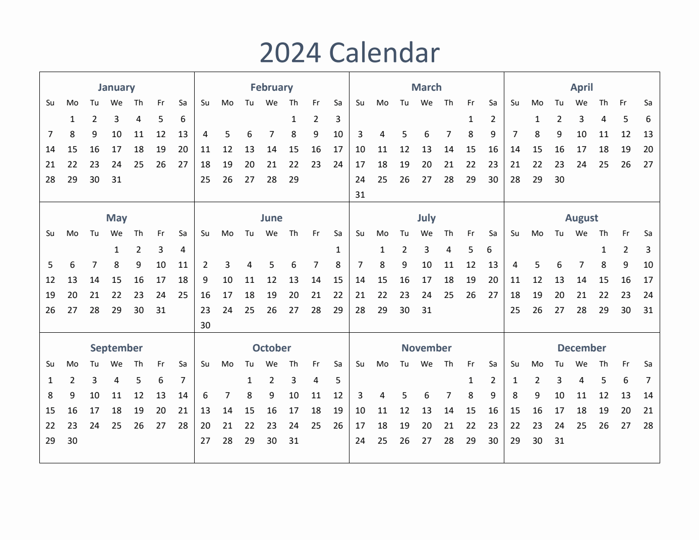 Printable Blank Yearly 2024 Calendar Template [PDF]