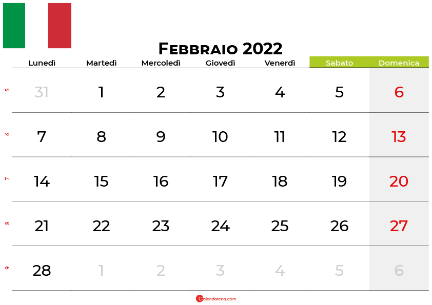 Calendario Febbraio 2022 Con Festività