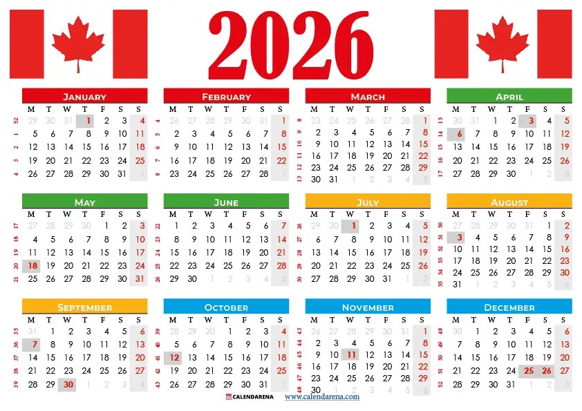 Printable 2026 Calendar Canada Free PDF