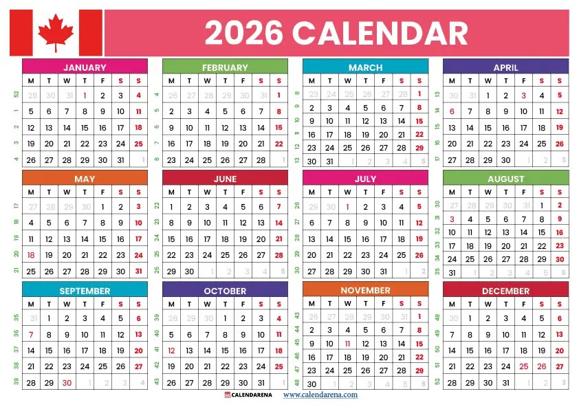 Printable 2026 Calendar Canada Free PDF