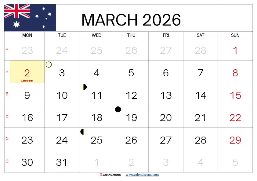 Free Printable March 2026 Calendar Australia
